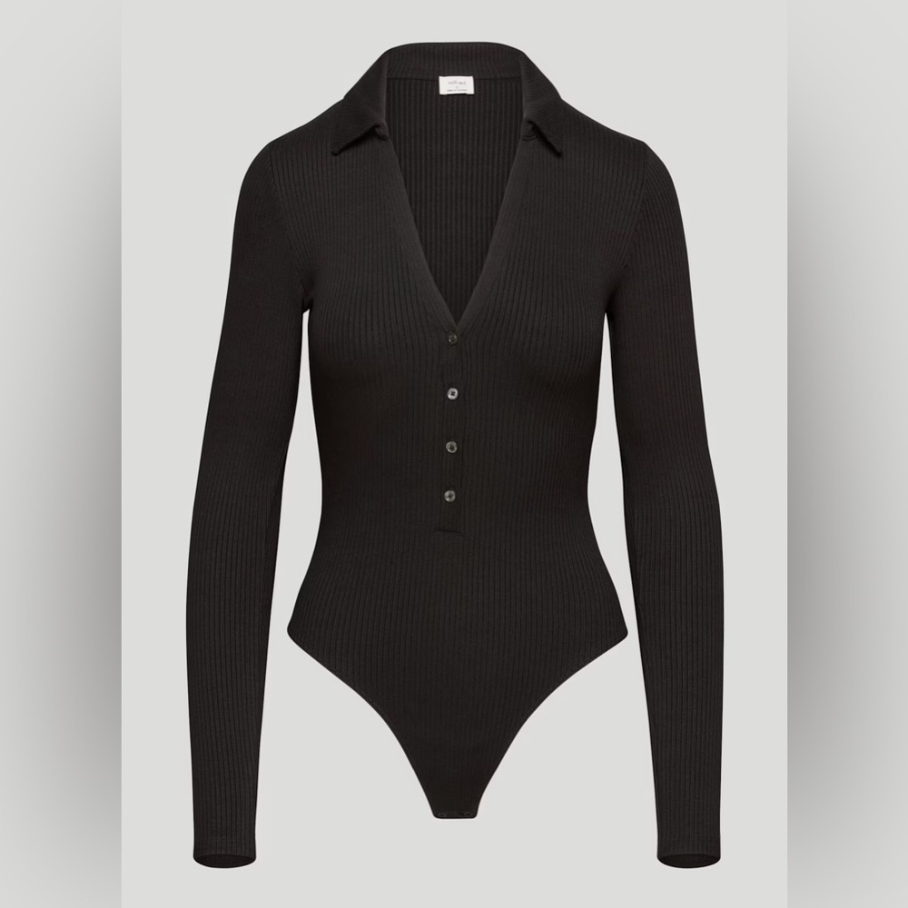 Aritzia Wilfred Charlotte Polo V-Neck Henley Ribbed Longsleeve Bodysuit Black